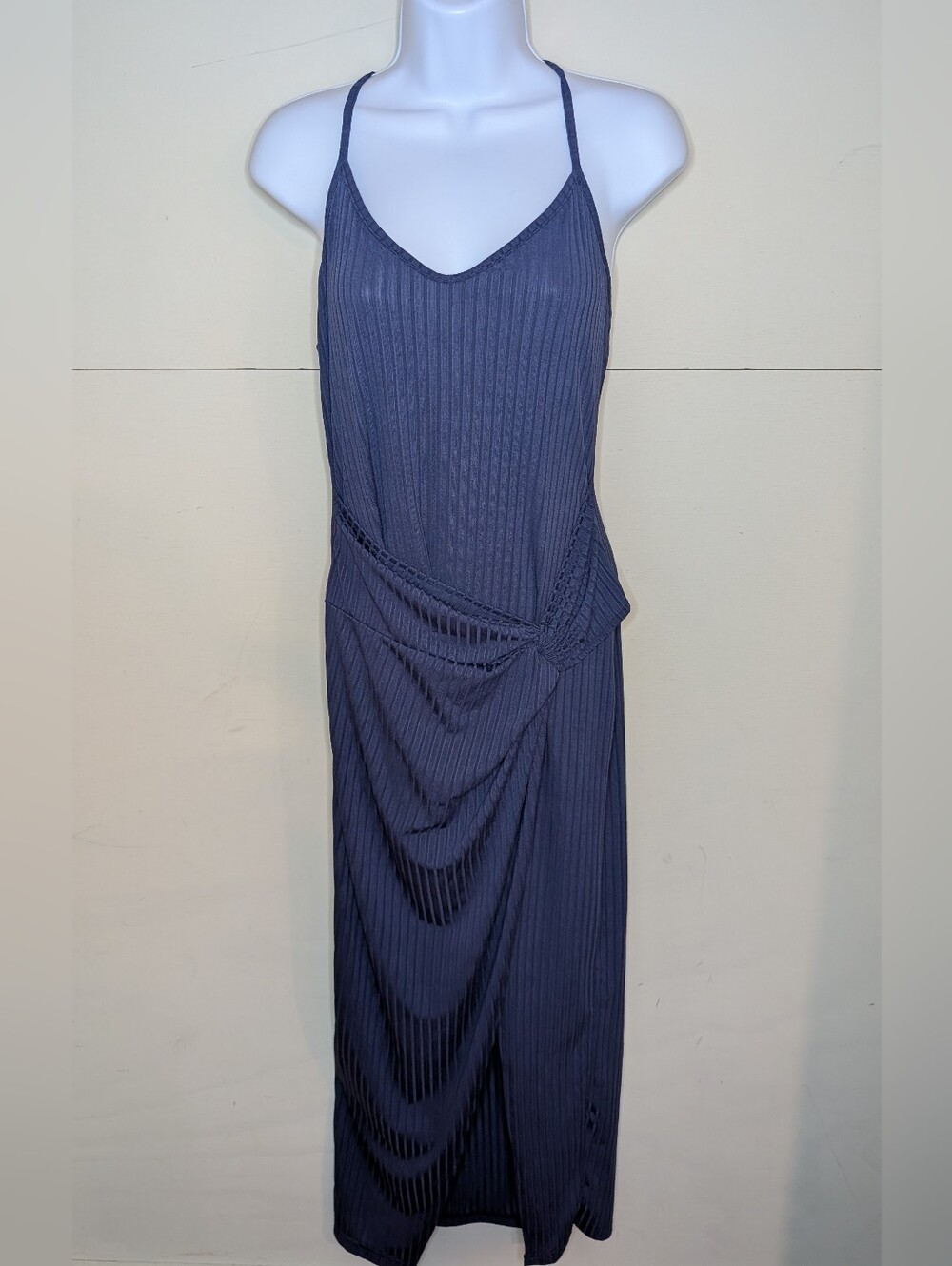 NWT Shein Vacay Maxi Dress Ribbed Front Slit Navy Blue
